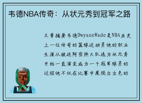 韦德NBA传奇：从状元秀到冠军之路